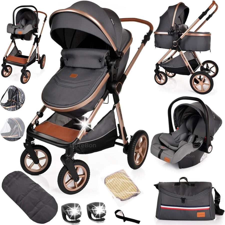 3 in 1 Baby Travel System Lightweight Pram Pushchair Foldable Stroller Grey
