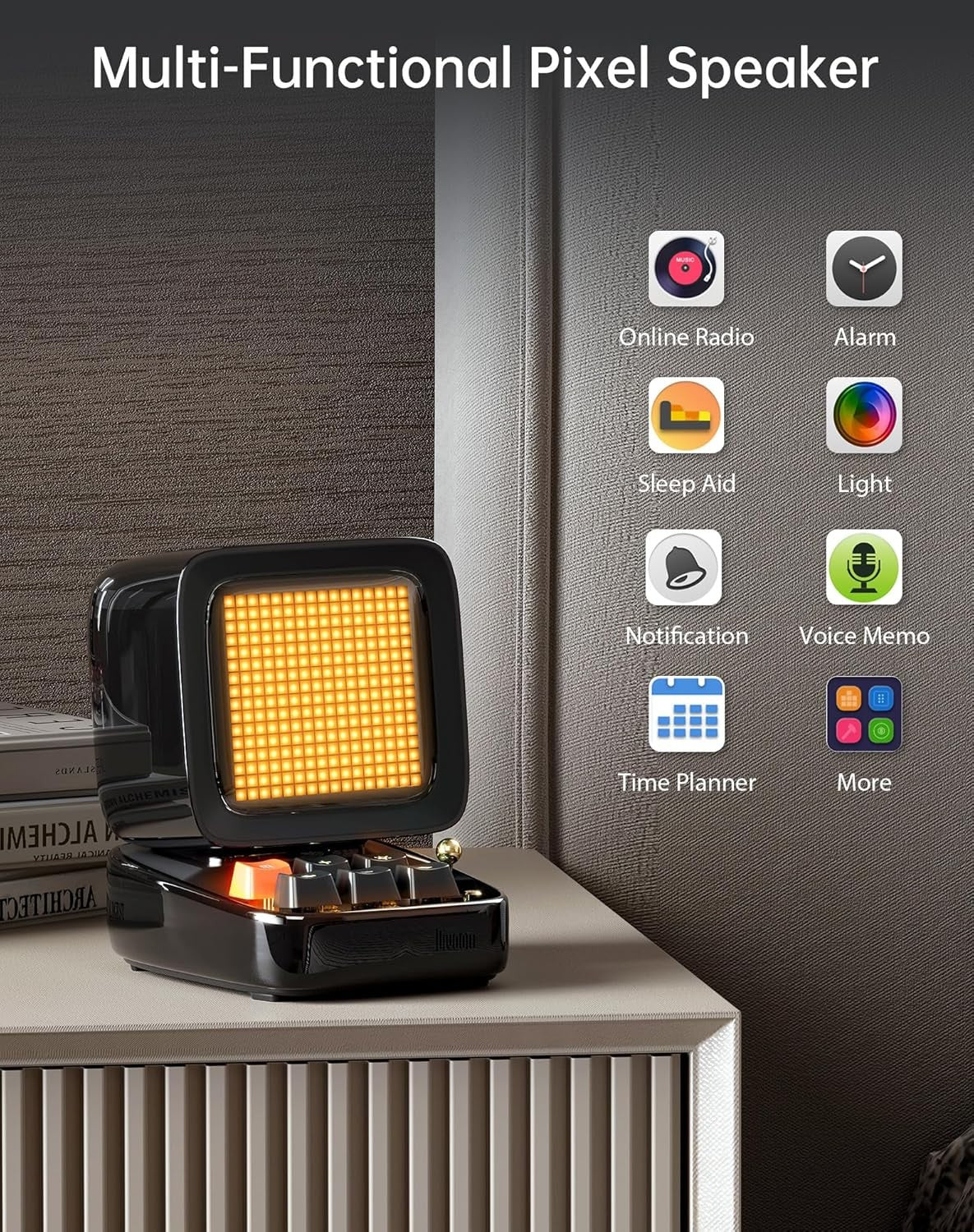Retro Pixel Art Bluetooth Speaker Alarm Clock RGB LED Screen Black Cube
