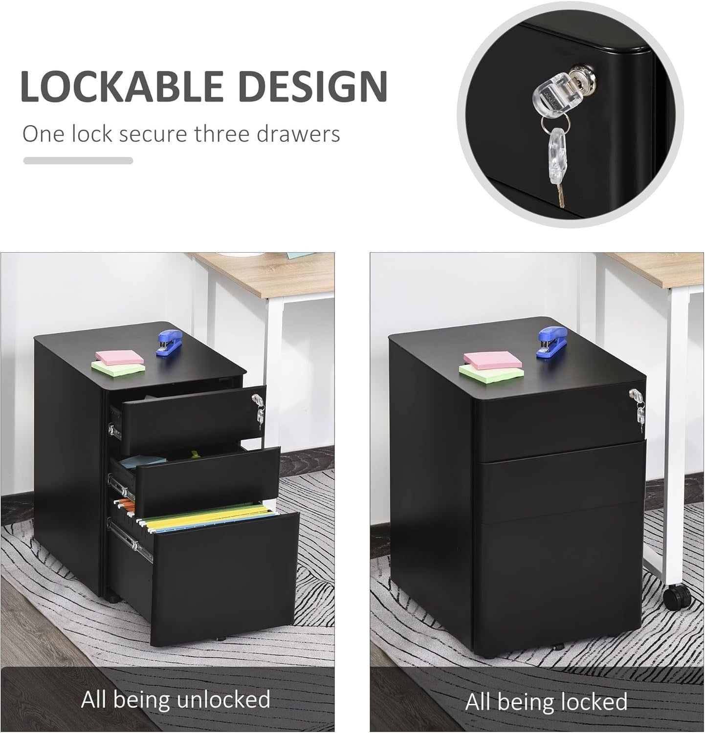 Black 3 Drawer Mobile Filing Cabinet Lockable Steel A4 Letter Office Storage