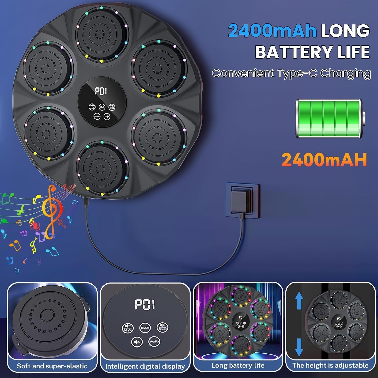 Music Boxing Machine LED Punch Pad Bluetooth Wall Mounted Auto Count Home Gym
