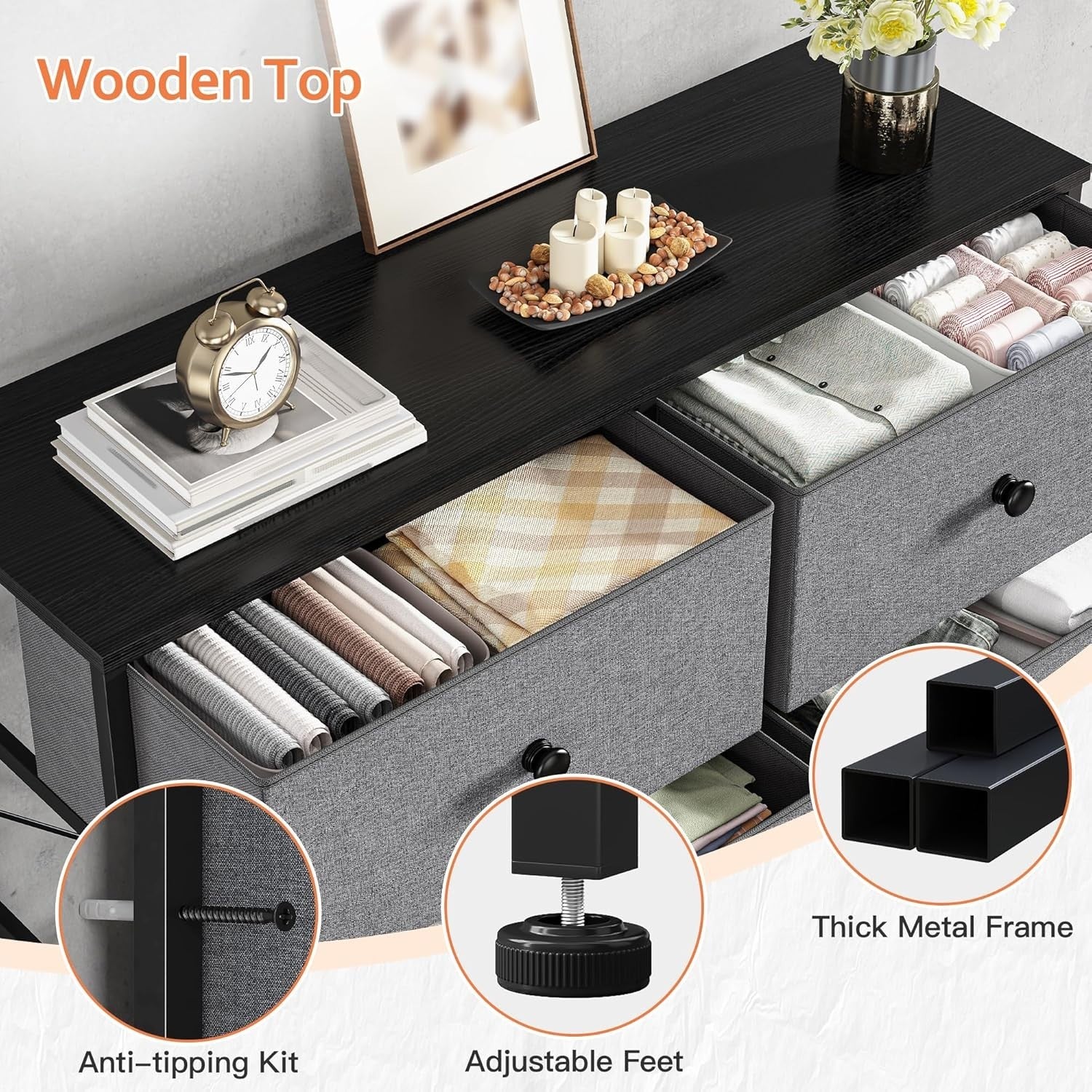 Tall 12 Drawer Chest Light Grey Fabric Storage Cabinet Metal Wood Frame