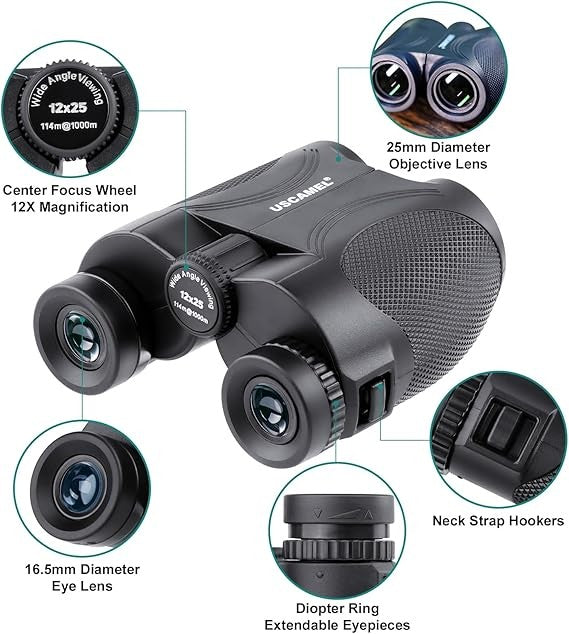12x25 Compact Waterproof Binoculars with BAK4 Prism for Travel & Bird Watching