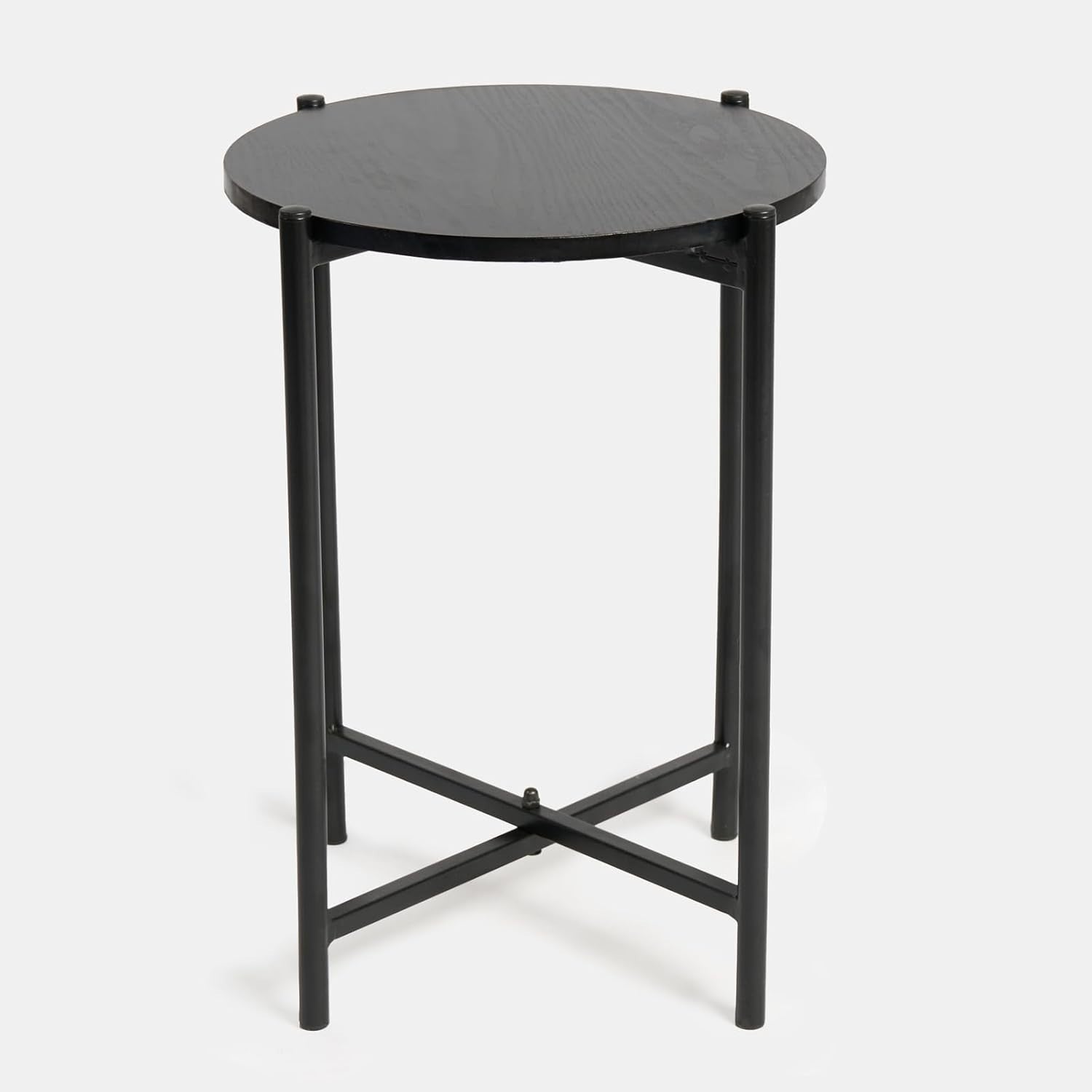 Round Black Marble Look Side Table Small Coffee End Table with Metal Frame