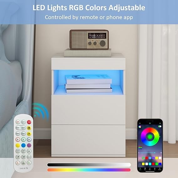 Smart LED Bedside Table with Charging Ports, 2 Drawers & Pull-Out Tray