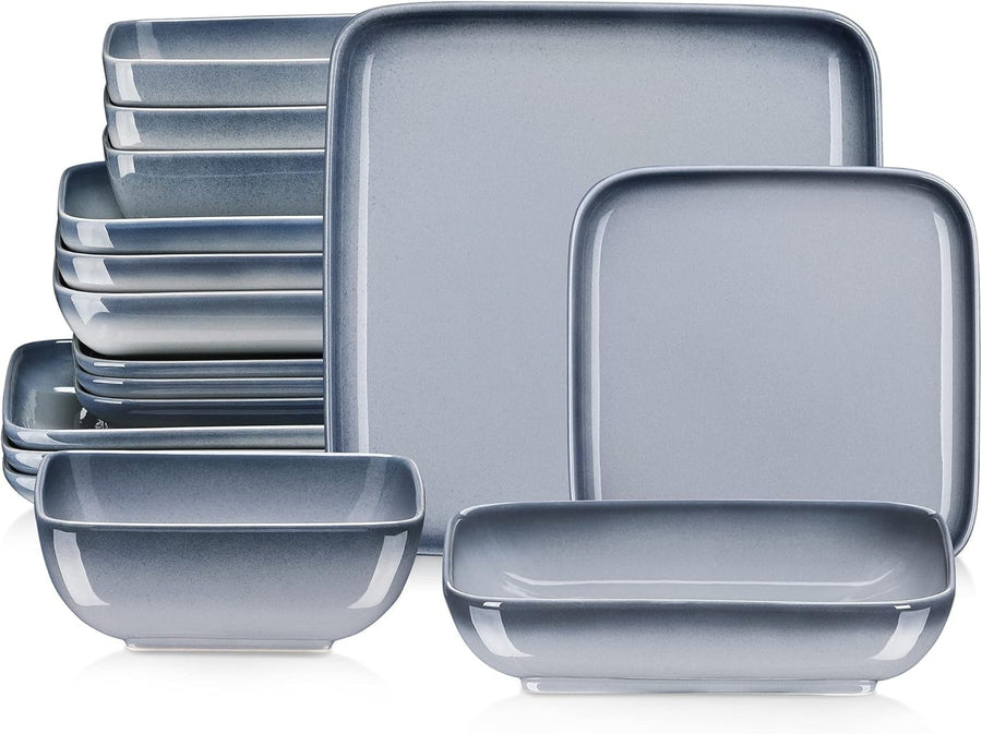 16pc Stoneware Dinner Set Square Plates Bowls Gradient Grey Modern
