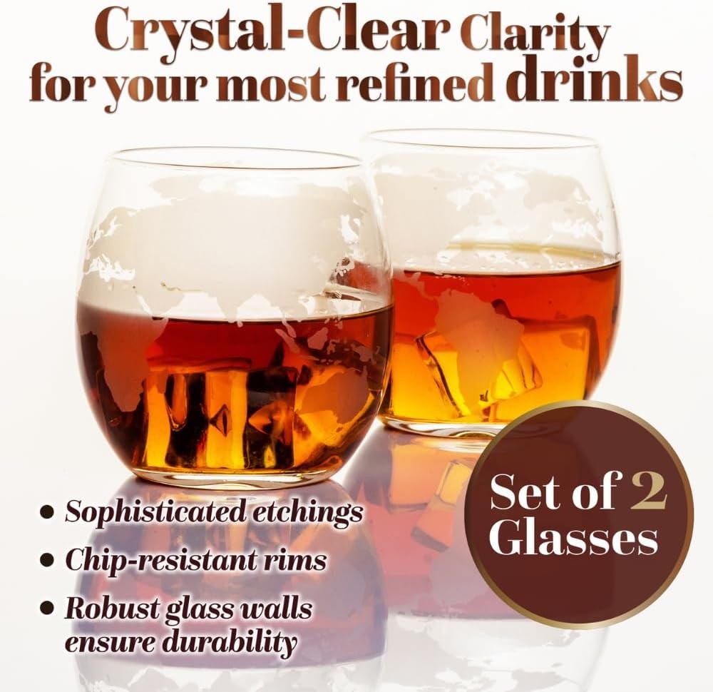 Globe Whiskey Decanter 850ml with 2 Etched Glasses Premium Gift Set