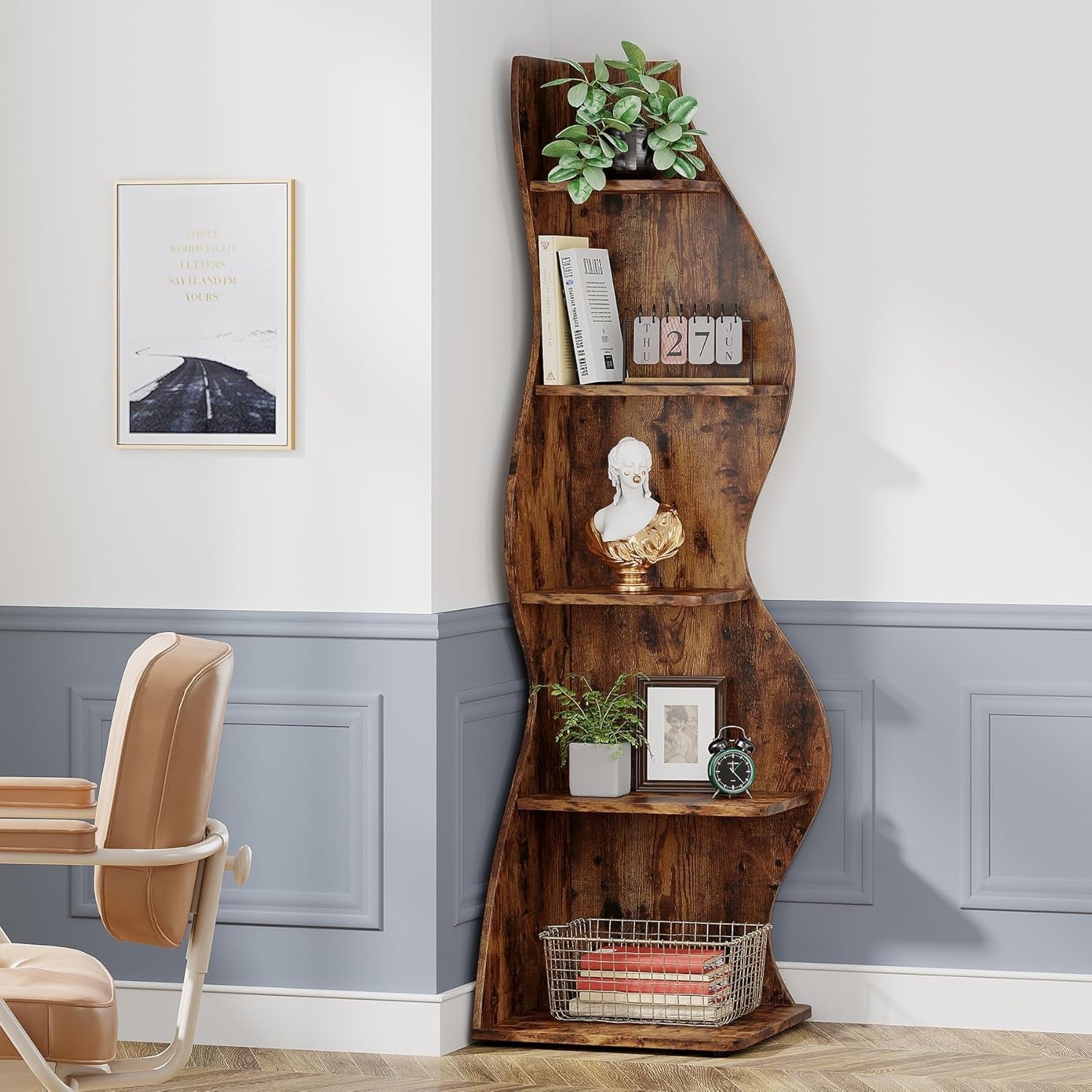 Rustic 5-Tier Wavy Corner Bookshelf | Stylish Slim Space-Saving Display Rack