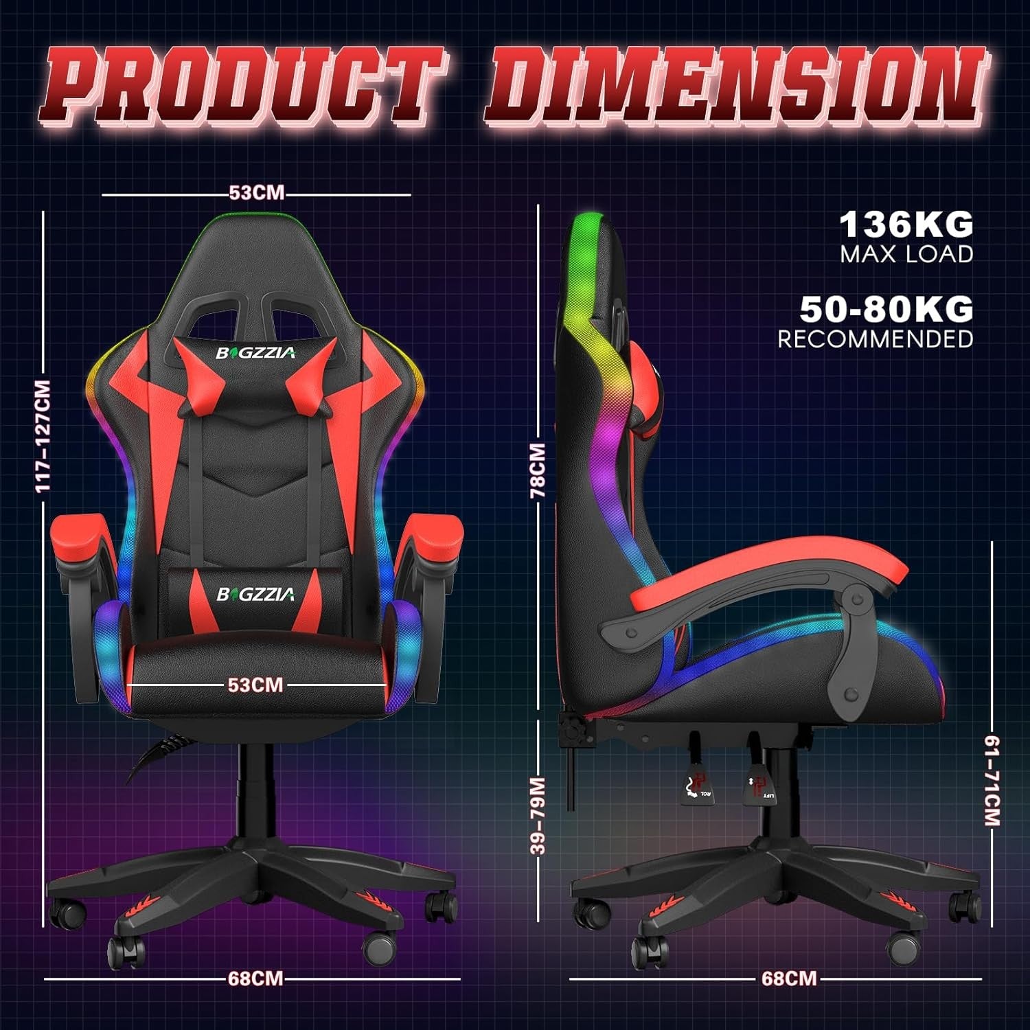 RGB Gaming Chair LED Lights Reclining PU Leather Red Black