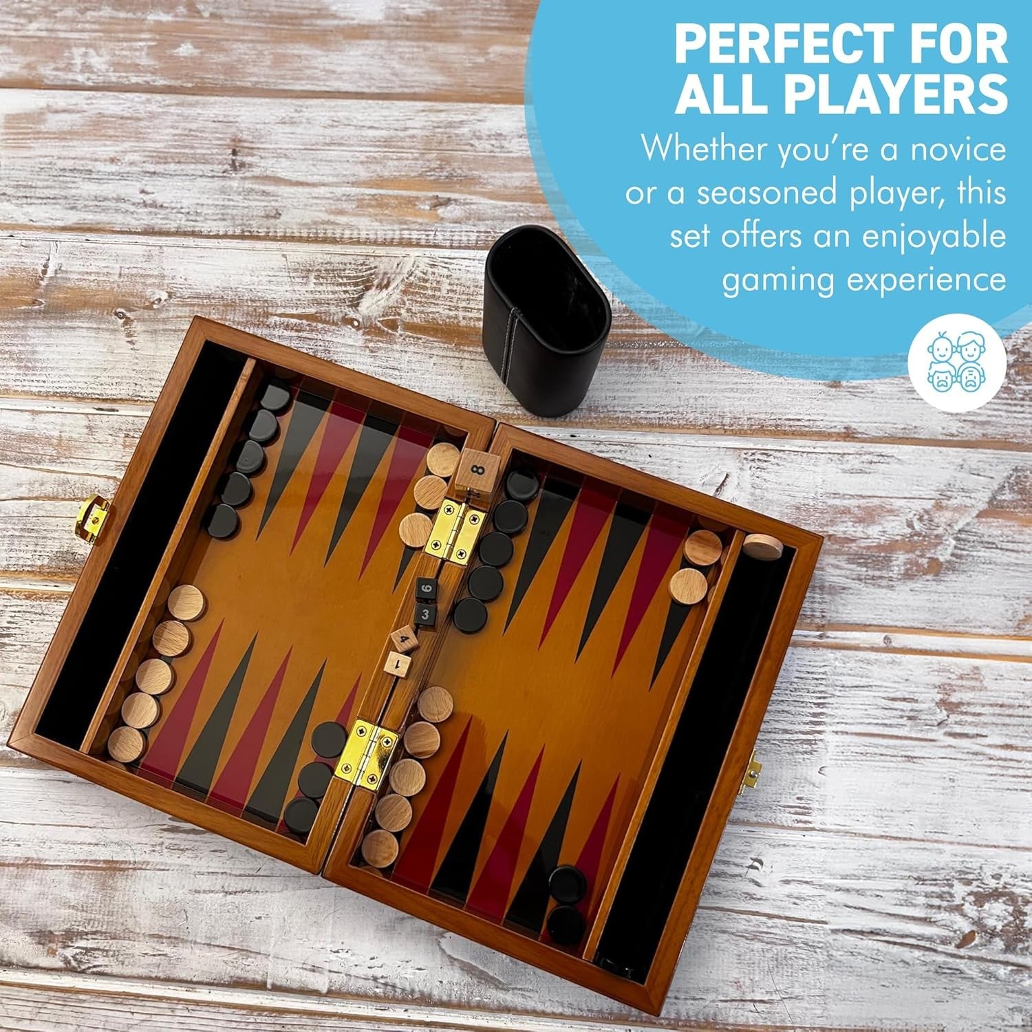 Deluxe Wooden Backgammon Set 30cm Lacquered Board with Leather Dice Cup