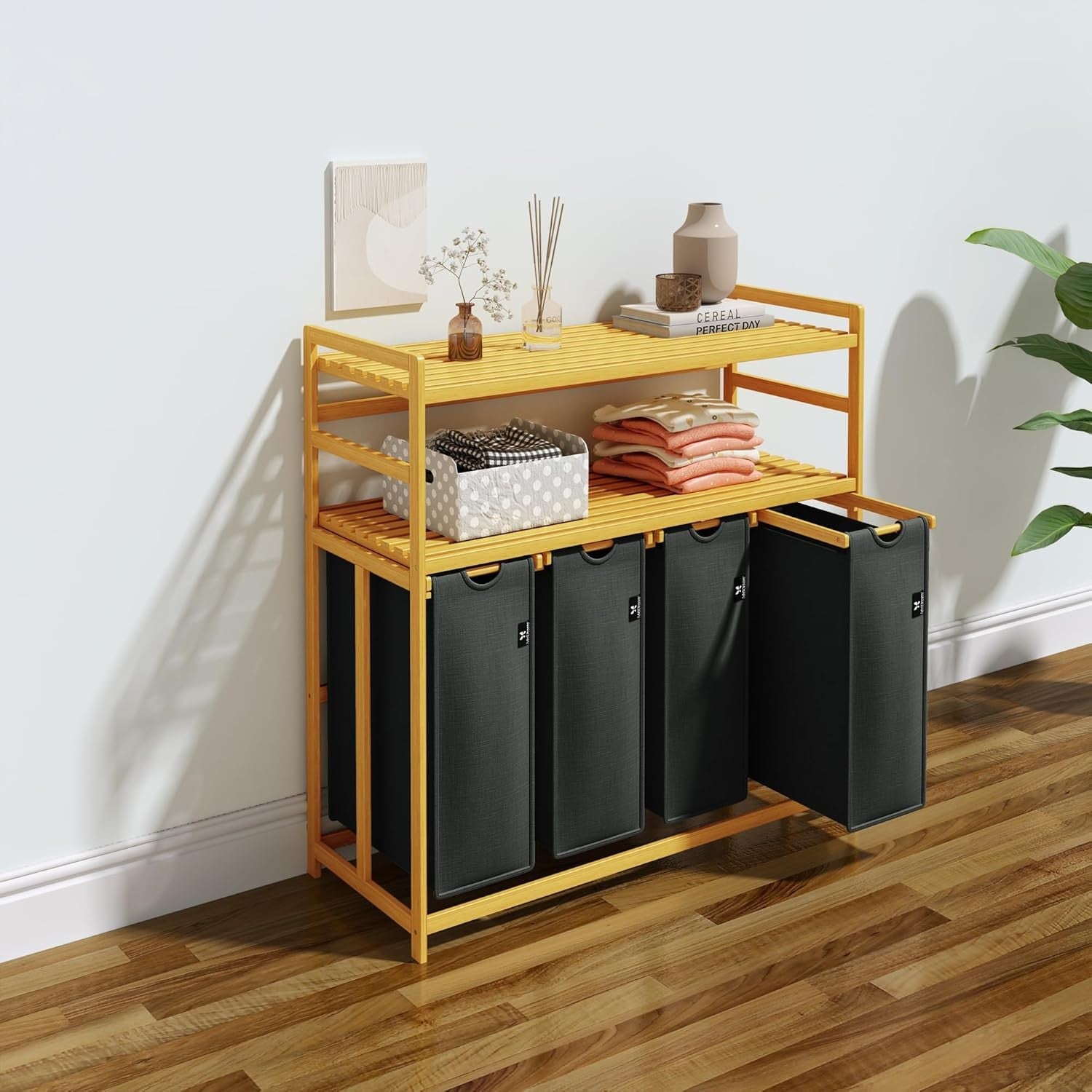 200L 4-Section Laundry Sorter Bamboo Frame Grey With Shelf Removable Bags