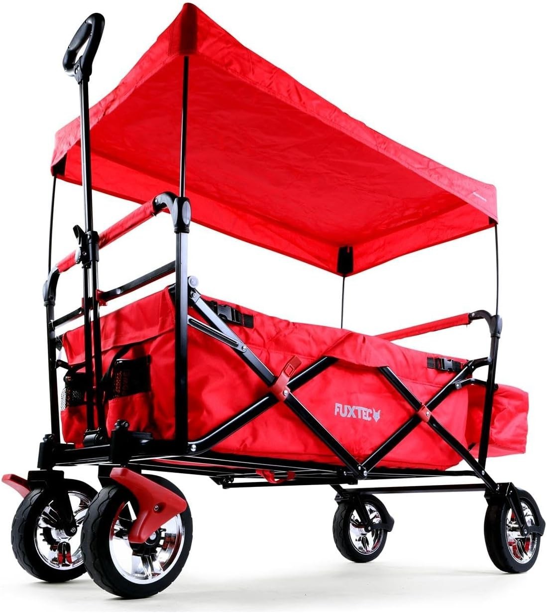 Red Kids Folding Wagon Push Pull Stroller Cart w/ Canopy & Storage Bag