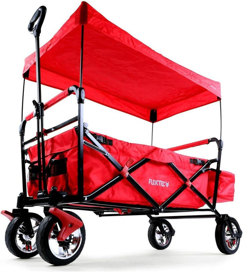 Red Kids Folding Wagon Push Pull Stroller Cart w/ Canopy & Storage Bag