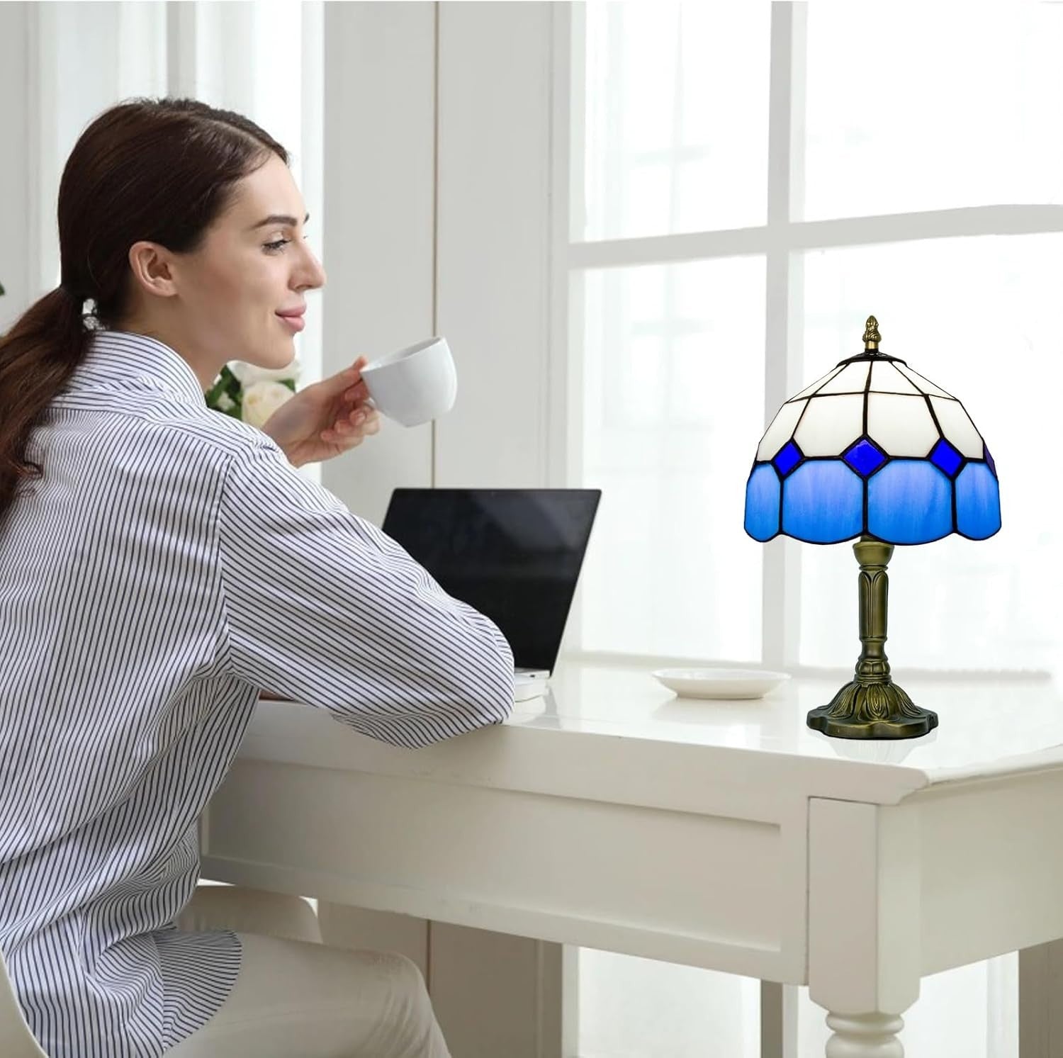 Blue Tiffany Stained Glass Table Lamp, Small Art Deco Bedroom Nightstand Lamp