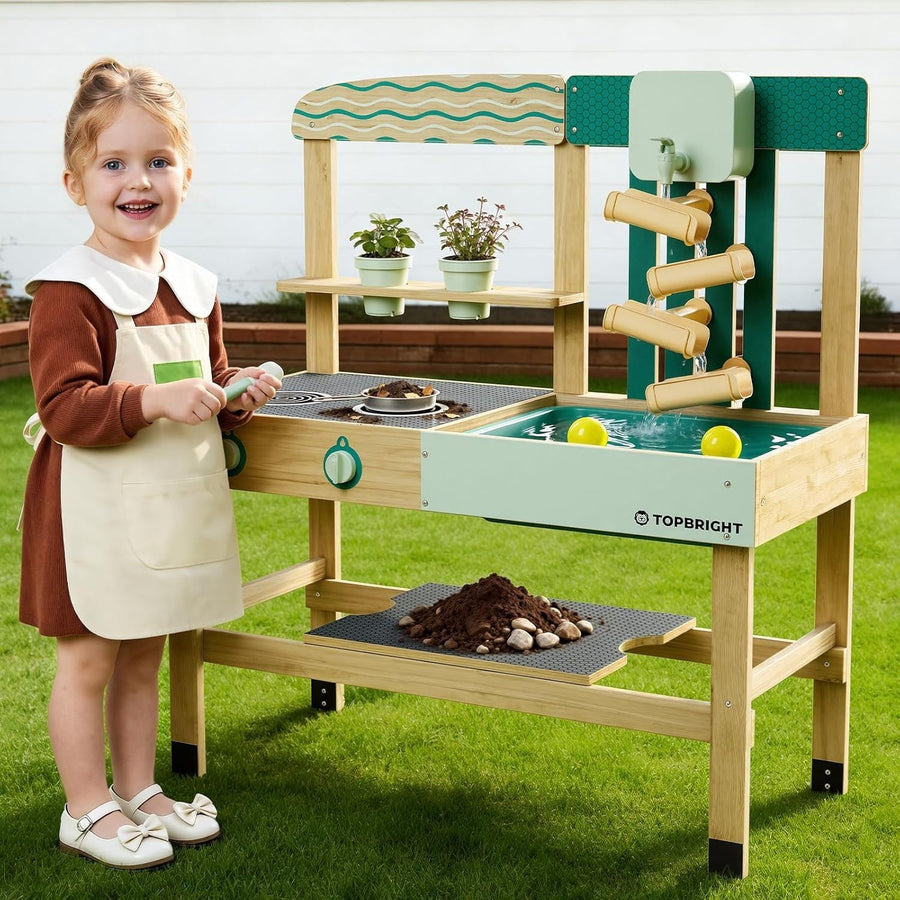 Outdoor Mud Kitchen for Kids Wooden Playset w/ Sink Faucet