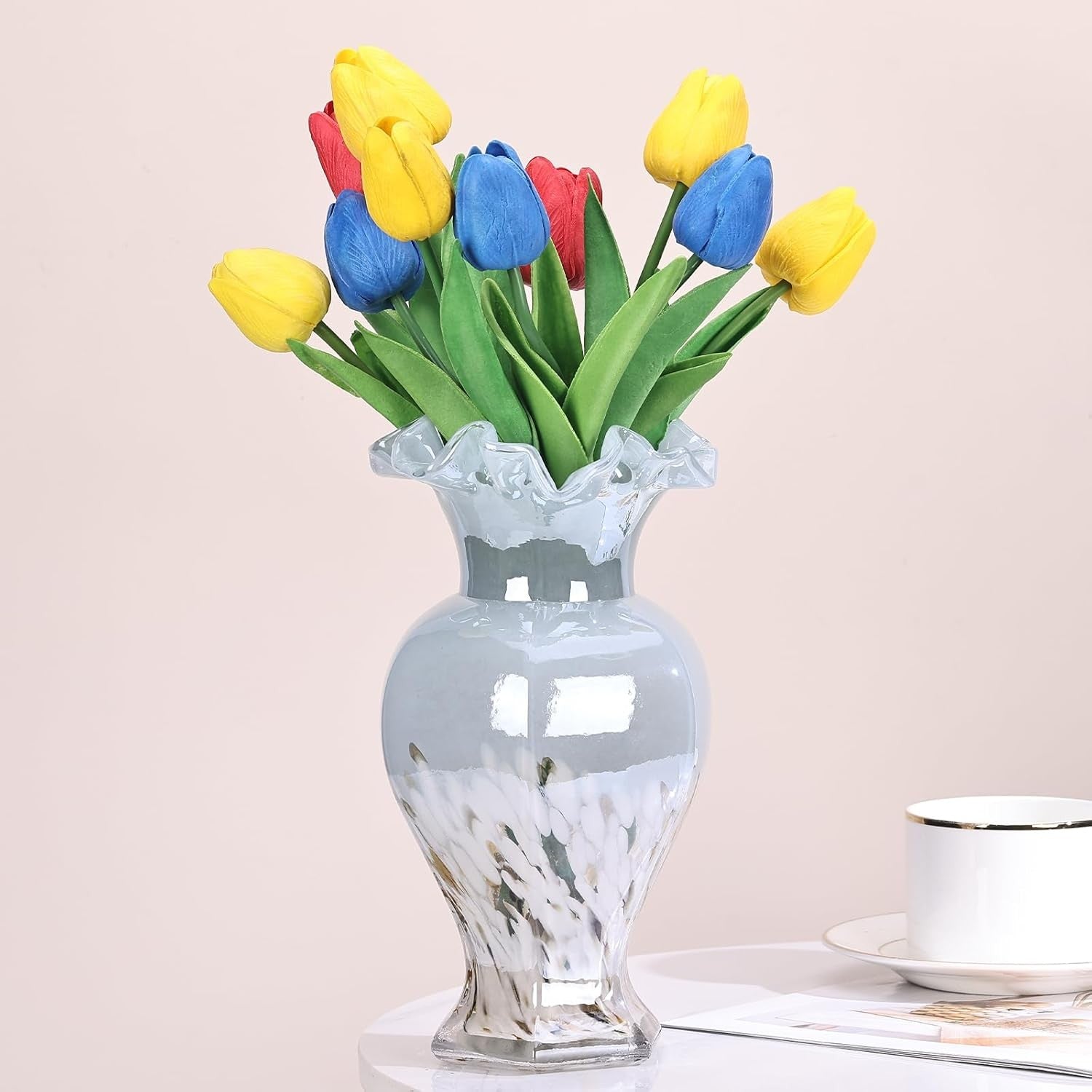 Hand Blown Blue Glass Vase 24cm Tall Art Centerpiece Table Decor