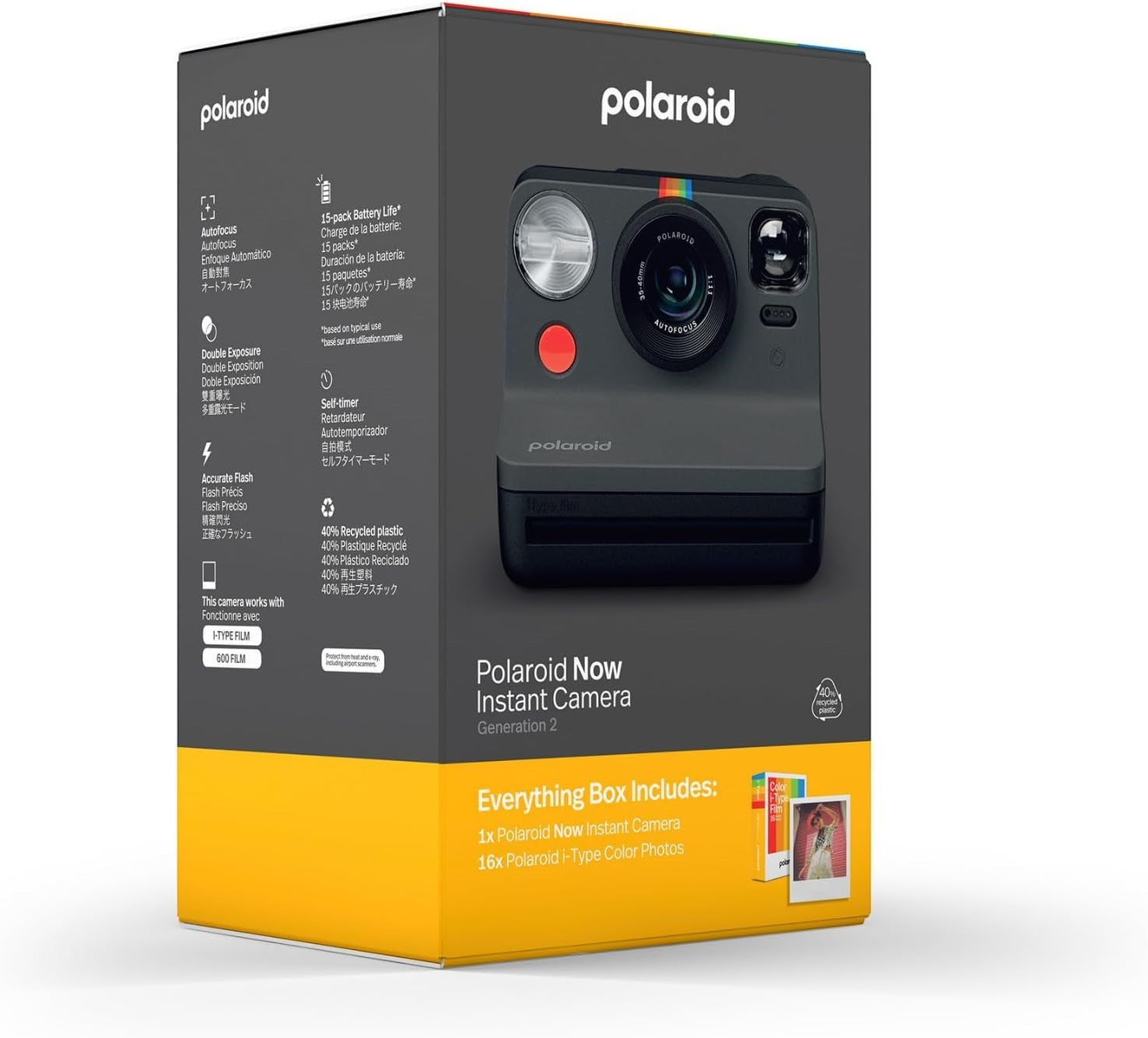 Instant Camera Film Bundle Black USB-C Rechargeable 16 Photos Included
