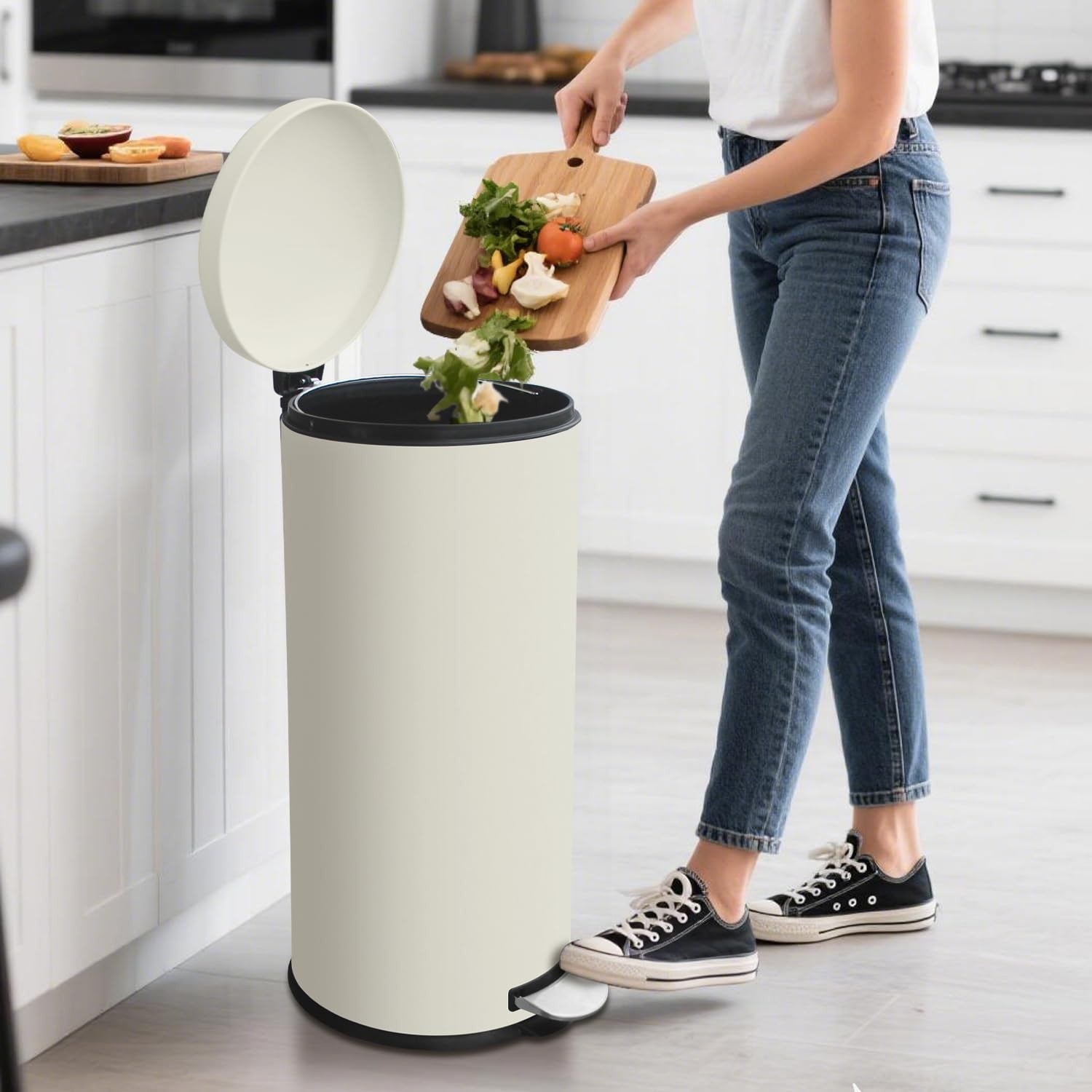 30L Round Stainless Steel Pedal Bin Soft Close Kitchen Cream
