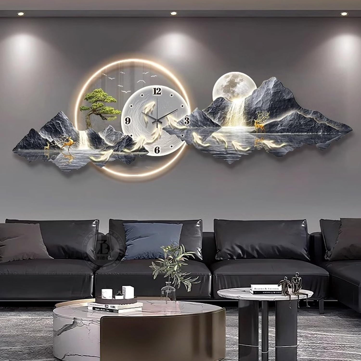 Luxury LED Mountain Wall Art Clock 3D Gold Landscape Decor Large 50x150cm