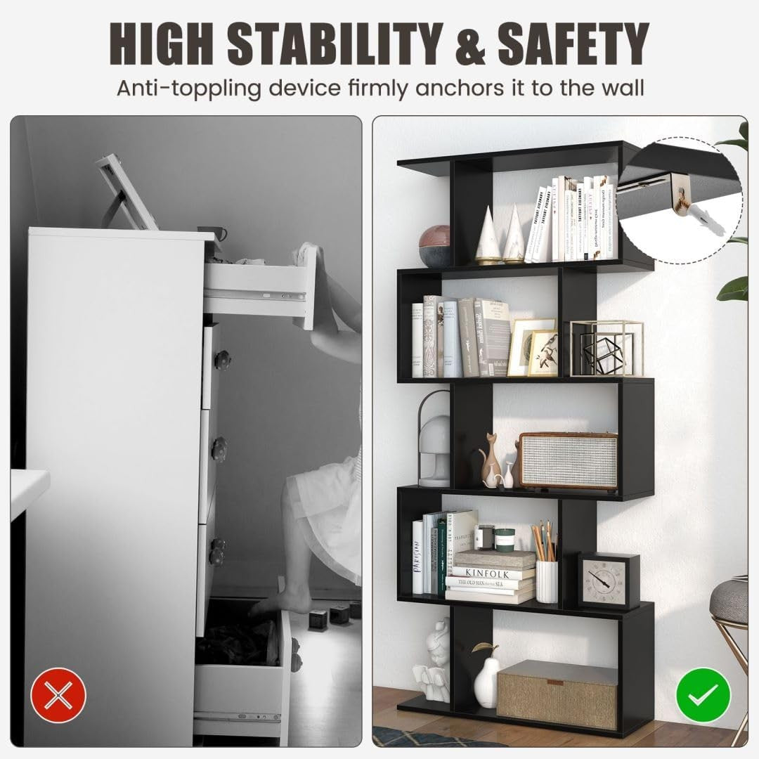Modern S-Shaped 5/6 Tier Bookcase Elegant Display Shelf Storage Unit Black