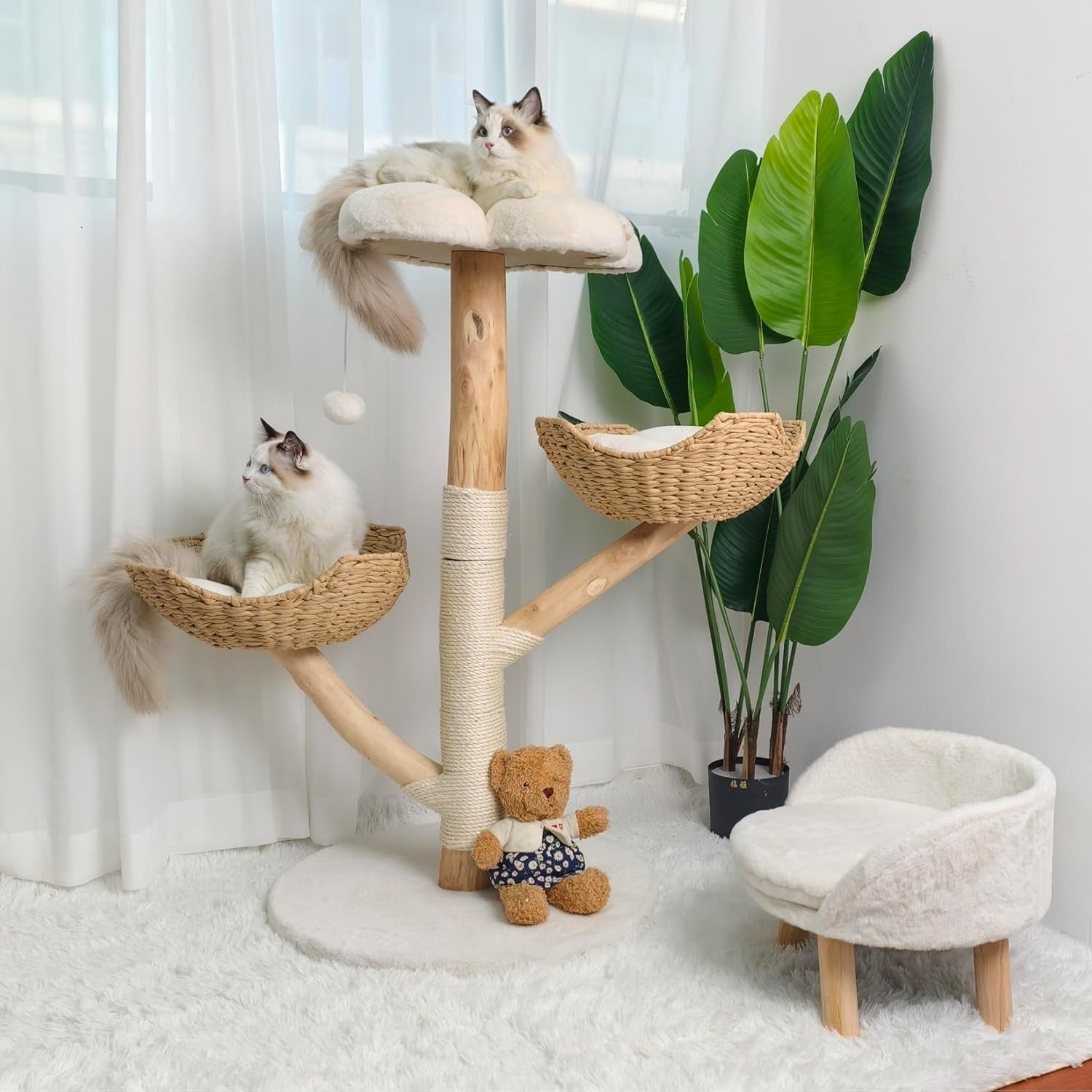 Wooden Cat Climbing Tree Plush Perches Sisal Scratch Posts Indoor Tower