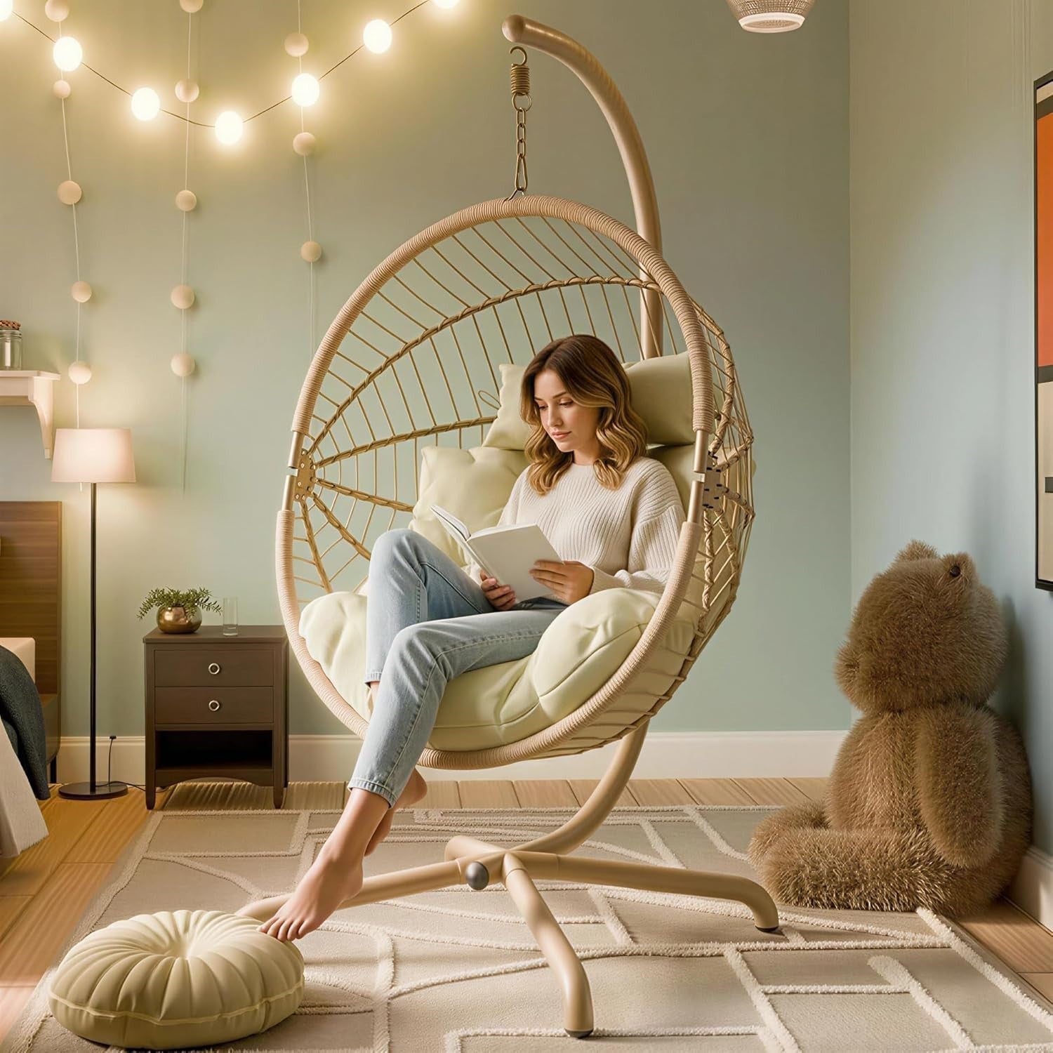 Beige Hanging Egg Chair with Stand Plush Cushion Indoor Outdoor Swing Seat