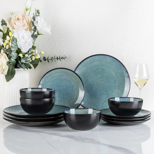 12 Piece Stoneware Dinner Set Plates Bowls Scratch Resistant Dishwasher Safe