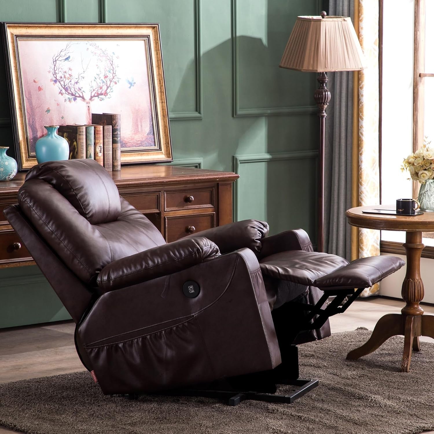 Dark Brown Riser Recliner Chair Lift Assist Heated Massage USB Faux Leather