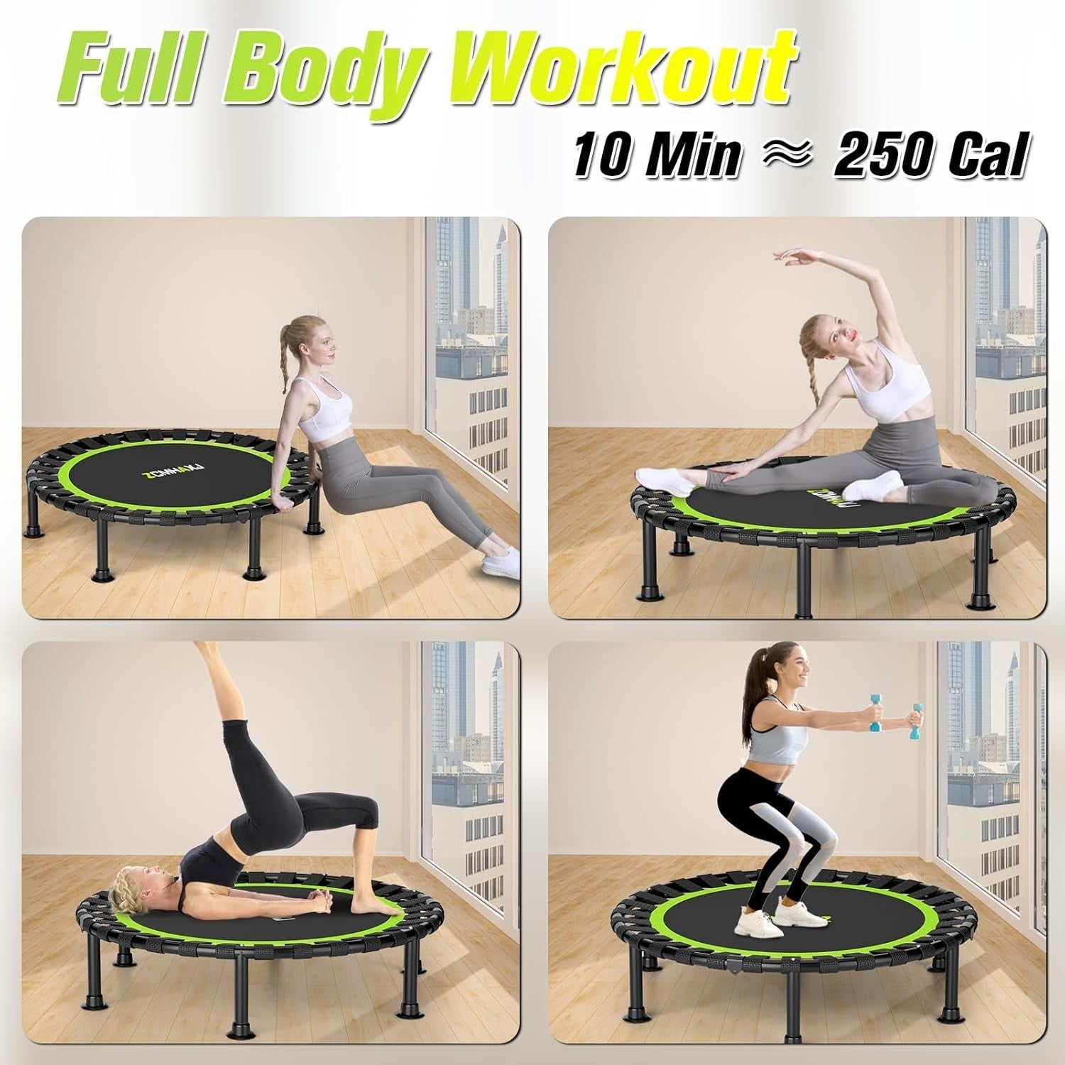 40in Foldable Rebounder Trampoline Indoor Fitness Adjustable Bar 440LBS