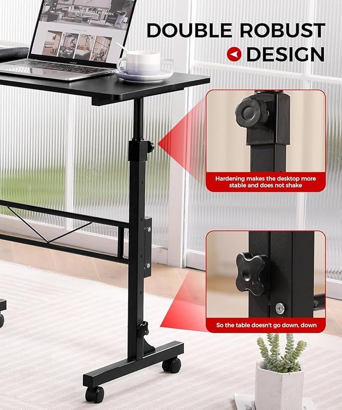 Adjustable Standing Desk Mobile Laptop Desk with Wheels 80x40cm Black