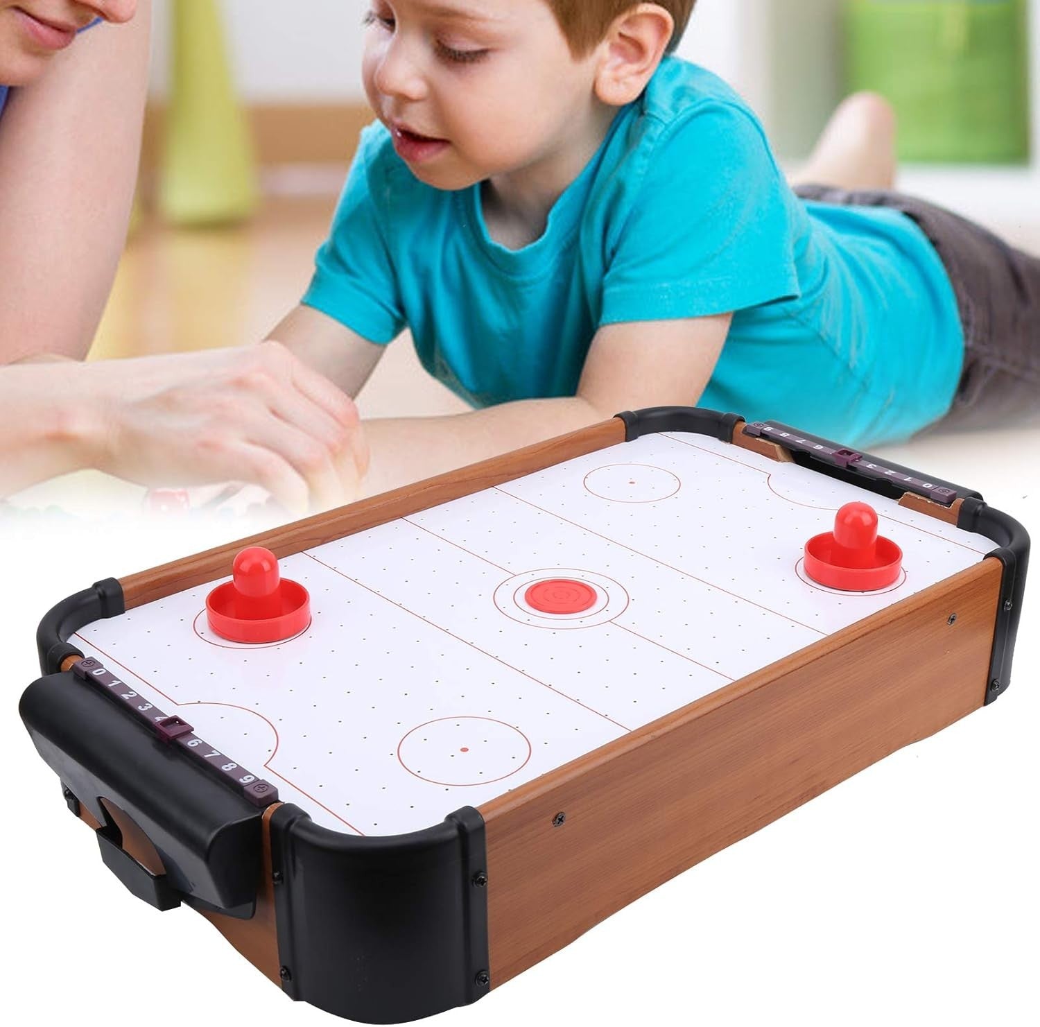 Portable Tabletop Air Hockey Game Wooden Battery Powered Family Fun