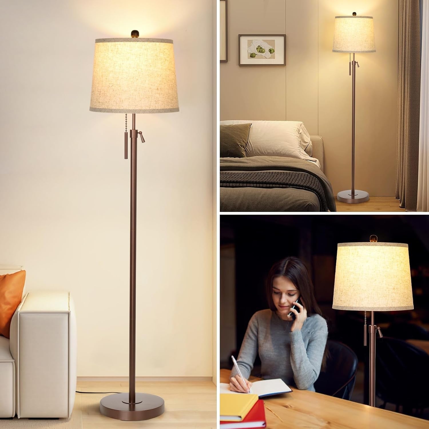 Adjustable Floor Lamp Brown Height Adjustable 3 Colour LED Standing Light
