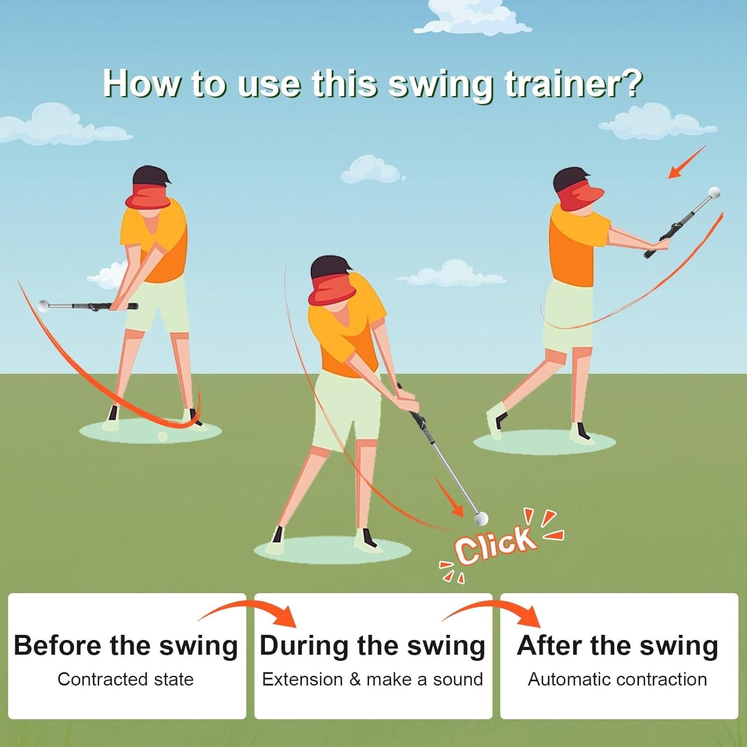 Retractable Golf Swing Trainer RH Click Stick Grip Aid