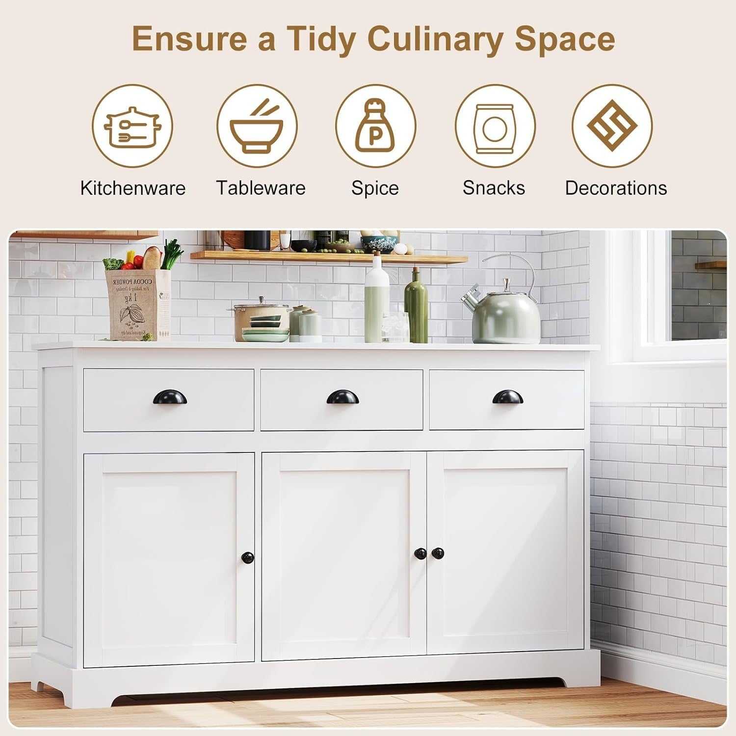 White Sideboard Storage Cabinet with Drawers & Adjustable Shelves Unit