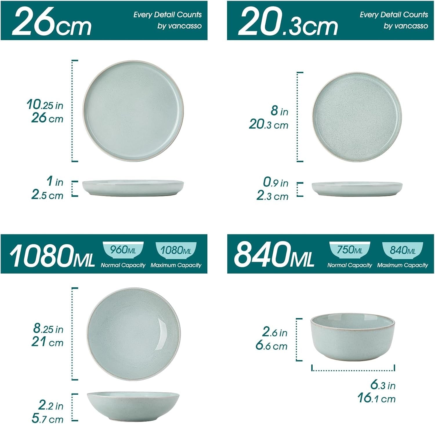 24pc Ceramic Dinner Set Mint Green Plates Bowls Microwave Dishwasher Safe