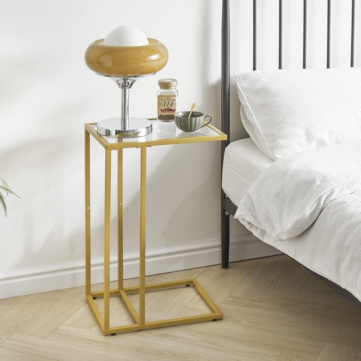 Gold C-Shaped Side Table 30x40x63 cm | Tempered Glass Sofa & Bed Table
