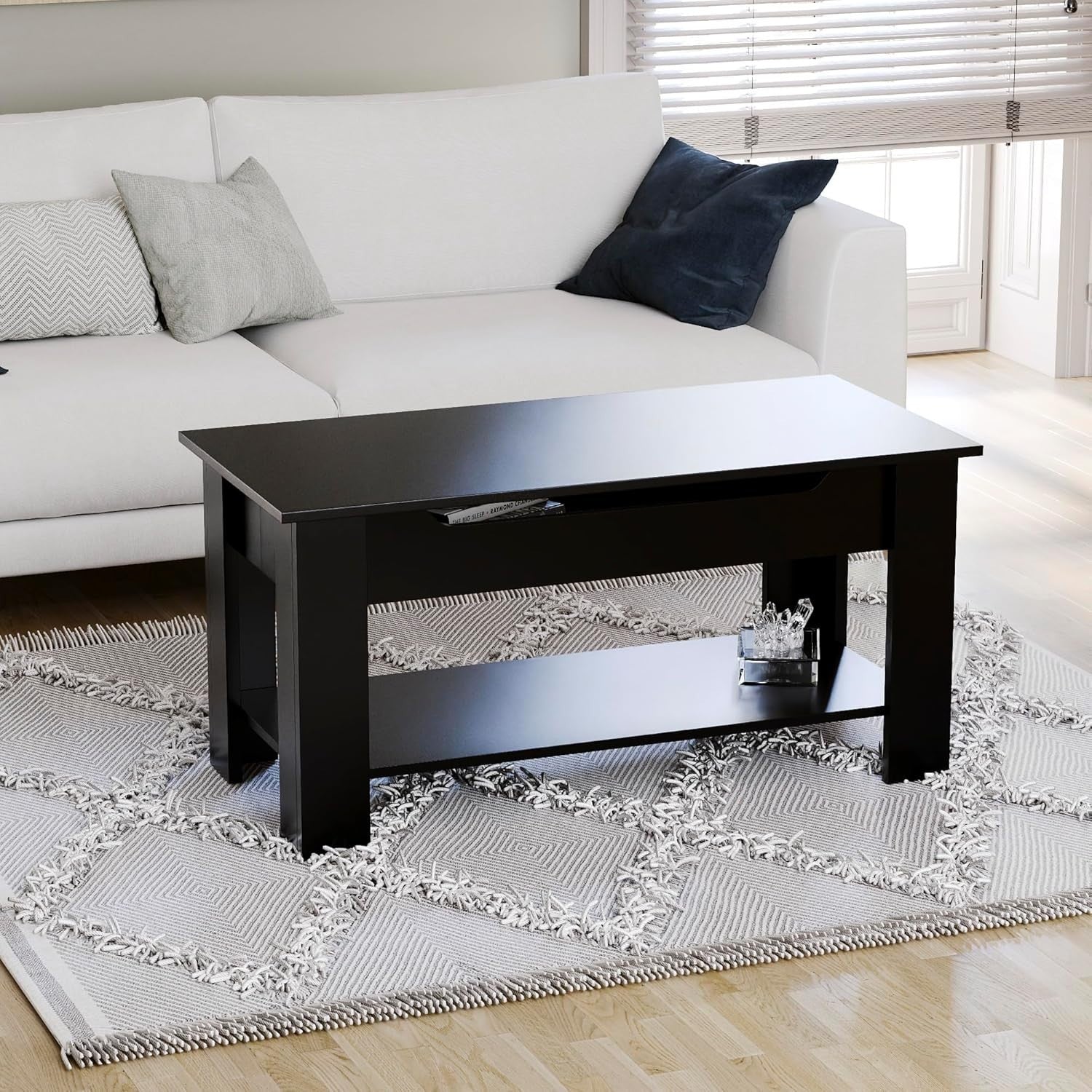 Lift Up Coffee Table with Hidden Storage & Shelf – Modern Black, 100x48cm