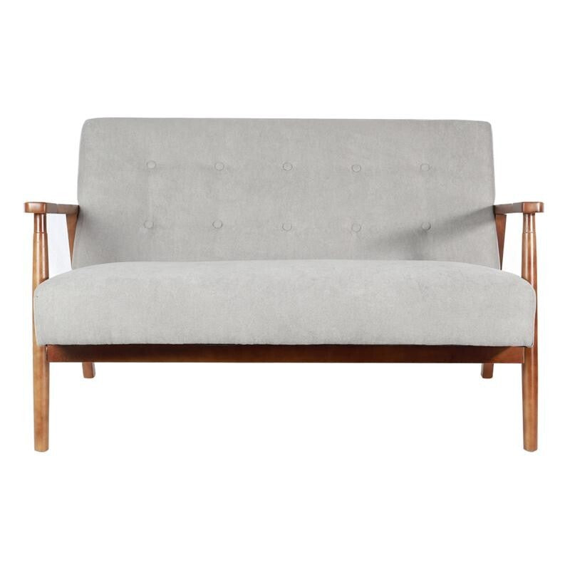 Grey Tufted 2 Seater Sofa Linen Upholstery Walnut Wood Frame Living Room