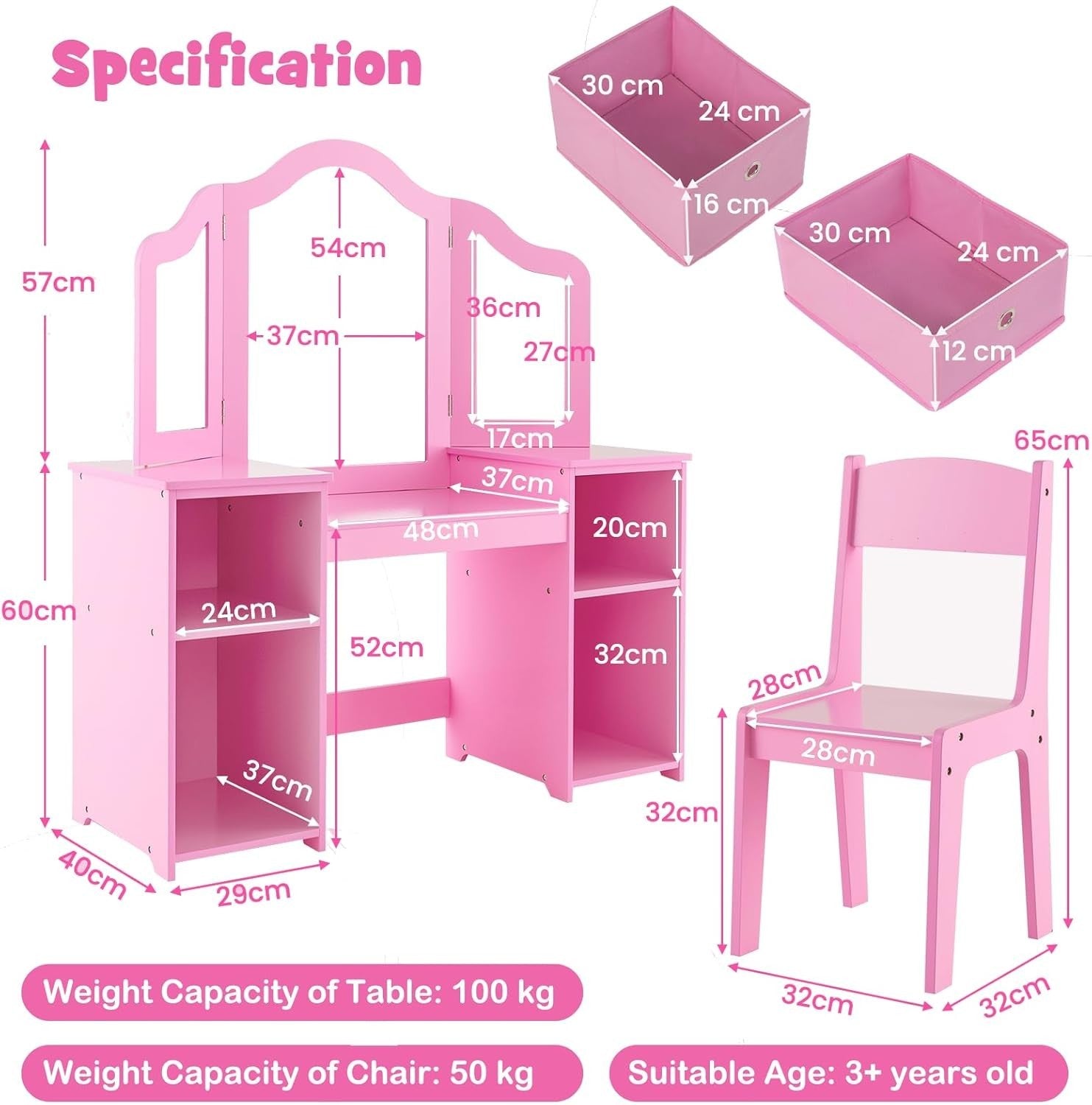 Kids Vanity Table with Tri-Folding Mirror & Storage Bins, Pink Wooden Set