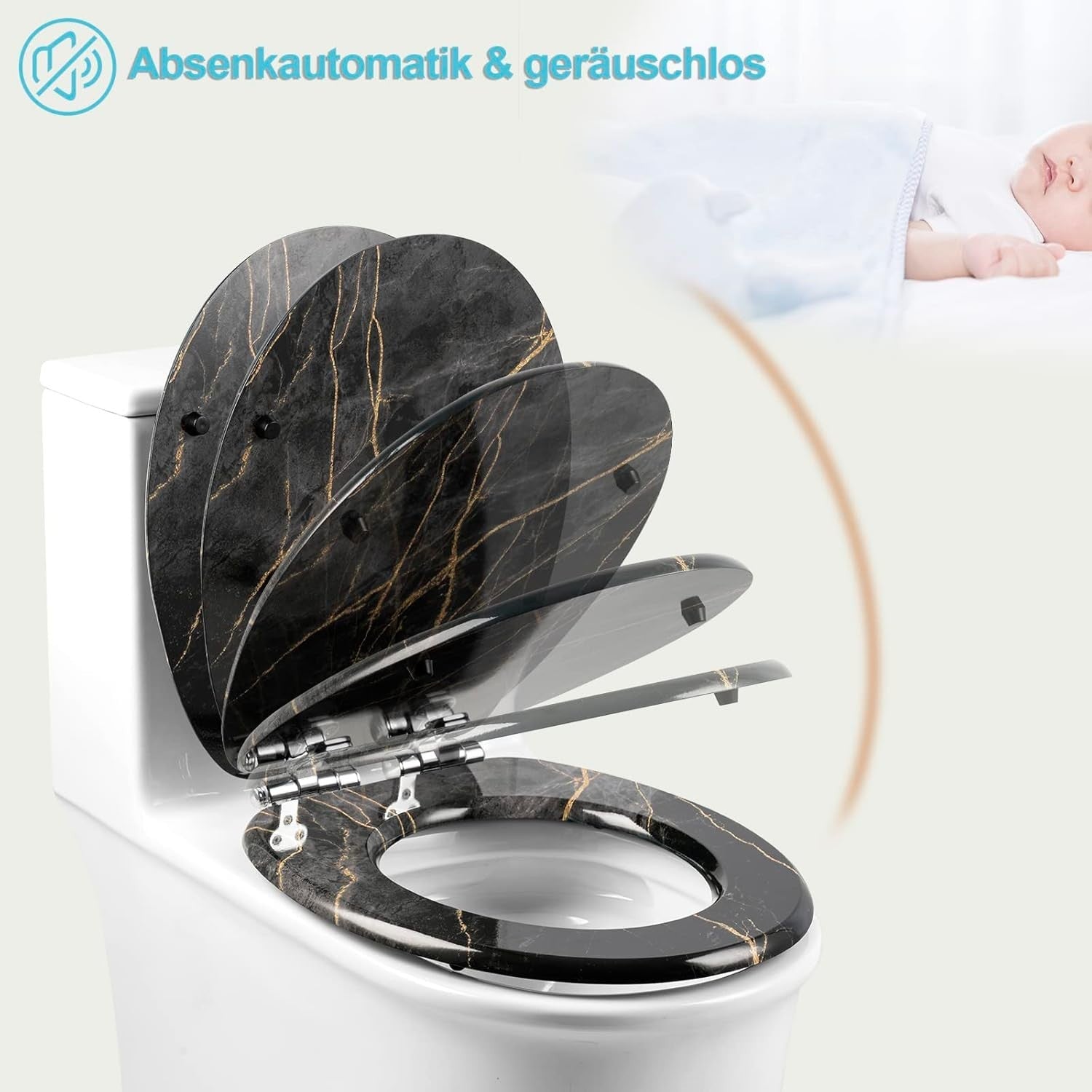 Soft Close O-Shaped Toilet Seat Quick Release MDF Black Granite Heavy Duty