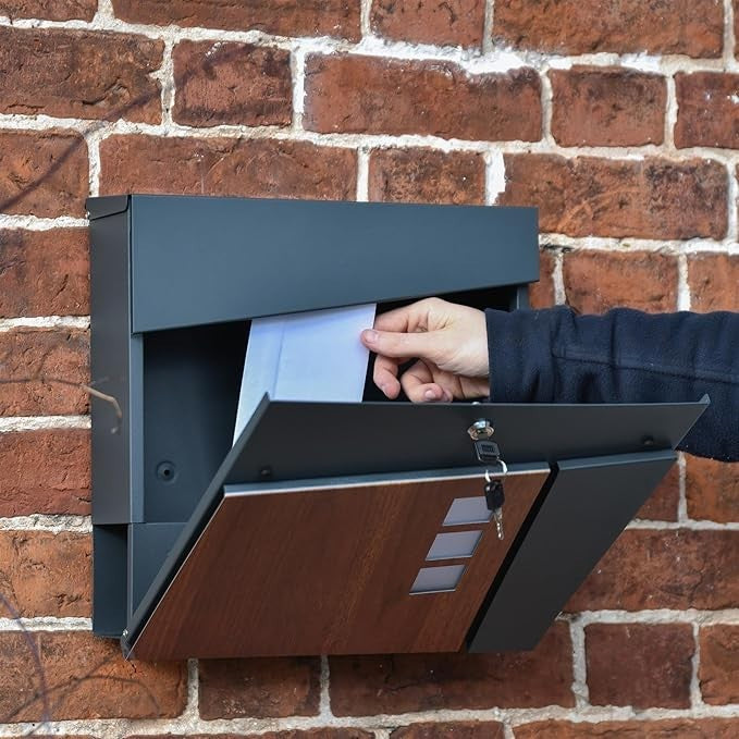 Modern Wall Mounted Post Box Grey Metal Lockable Secure Weatherproof Slim Design