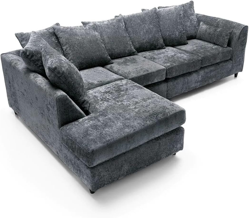 5 Seater Grey Chenille Corner Sofa – L Shape, Scatter Back, Comfy & Washable