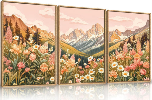 Abstract Floral Mountain Framed Canvas Wall Art Set 3 Boho Nature Decor