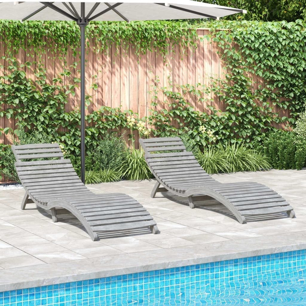 2-Piece Solid Acacia Wood Sun Loungers Foldable Patio Garden Relax Chairs