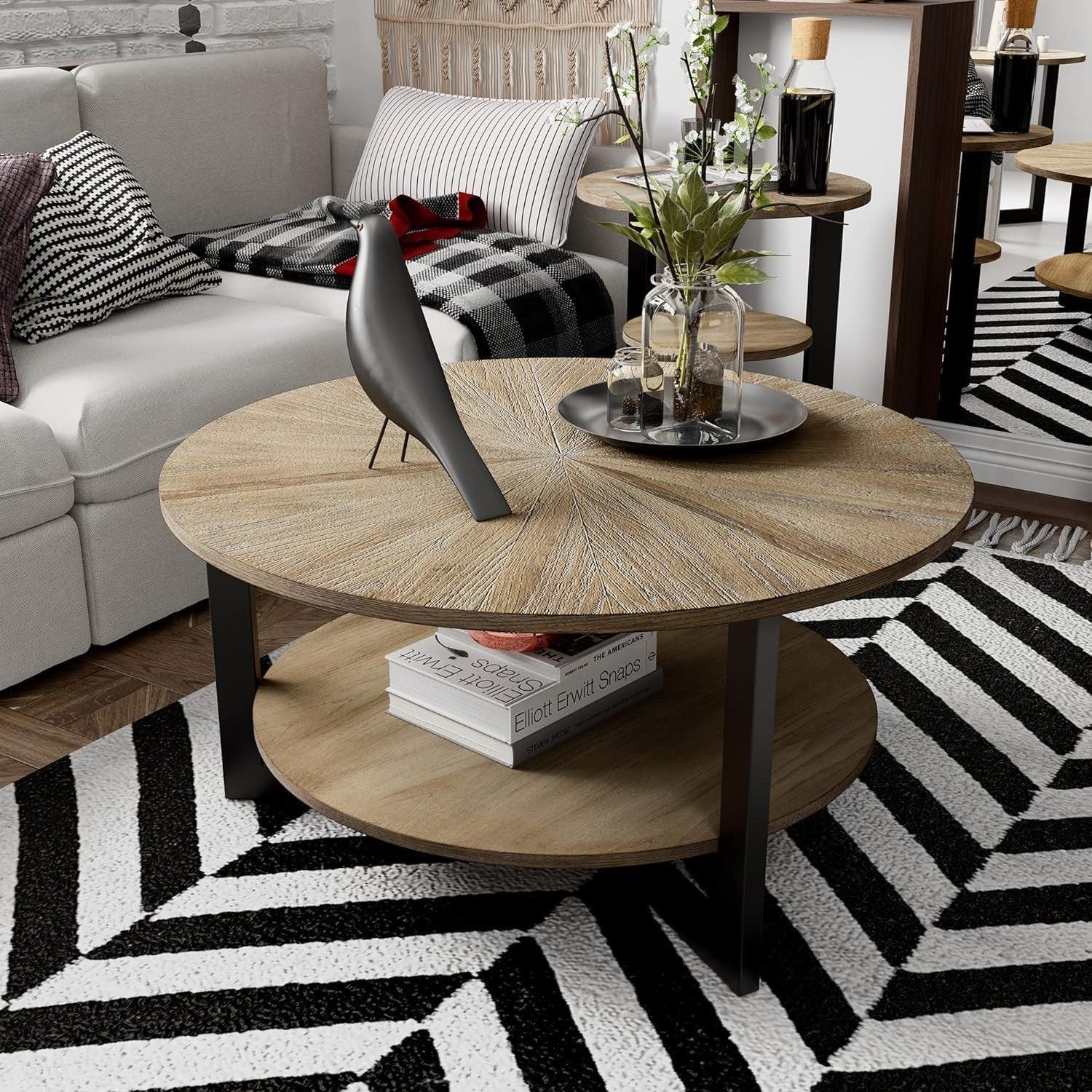 Round 2-Tier Coffee Table with Storage, Solid Wood & Metal 85x45.3cm