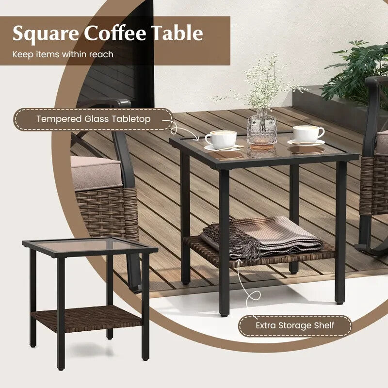 Patio Rattan Rocking Chair Set 3PC With Glass Top Coffee Table Cushions