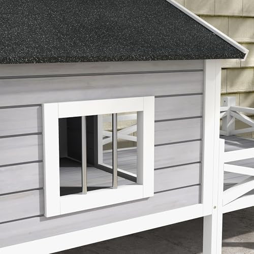 Outdoor Wooden Dog House with Porch, Ladder & Window, Weatherproof Shelter
