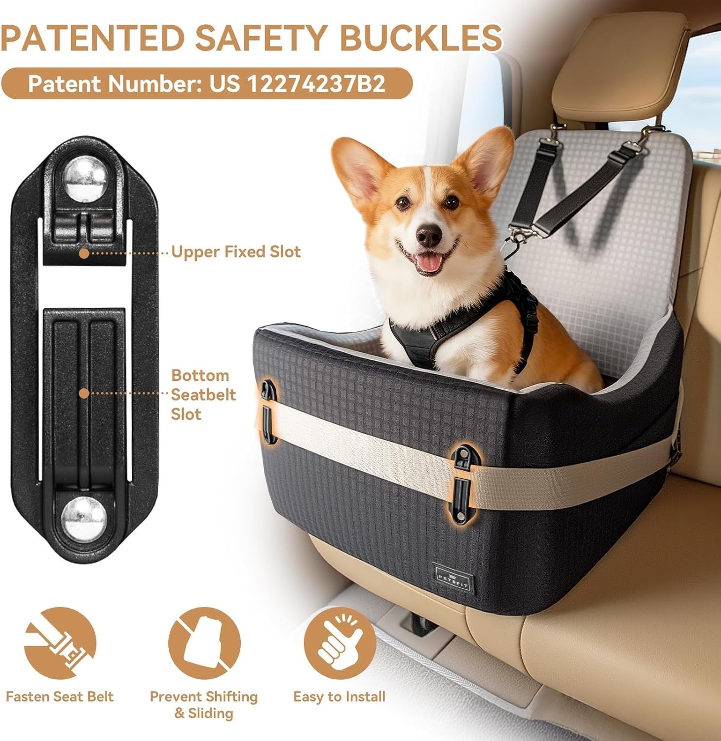 Dog Booster Car Seat 5in Foam Washable Travel Bed Dual Tethers 35lbs