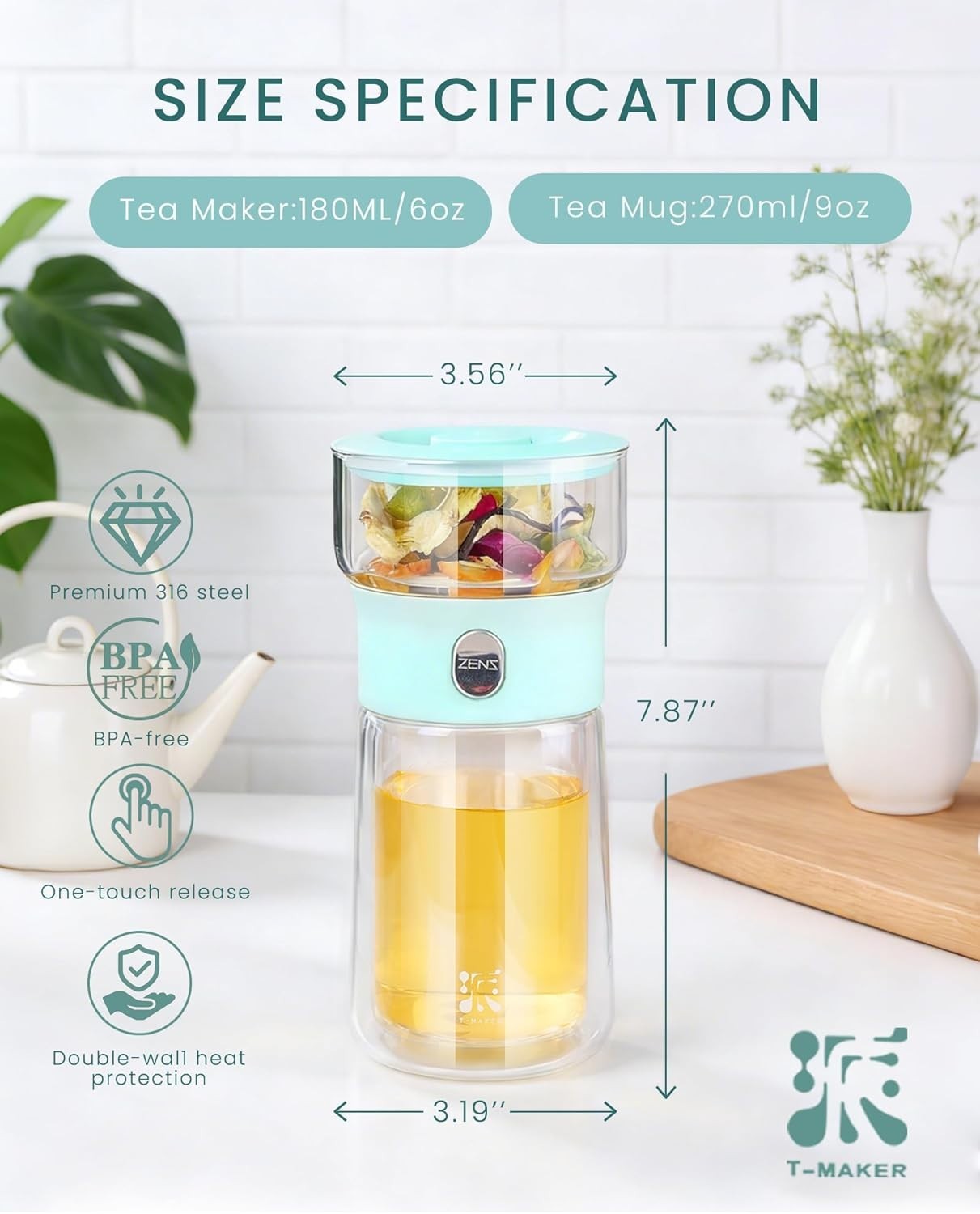 One Touch Tea Brewer 270ml Glass Infuser Mug Set with Carry Case