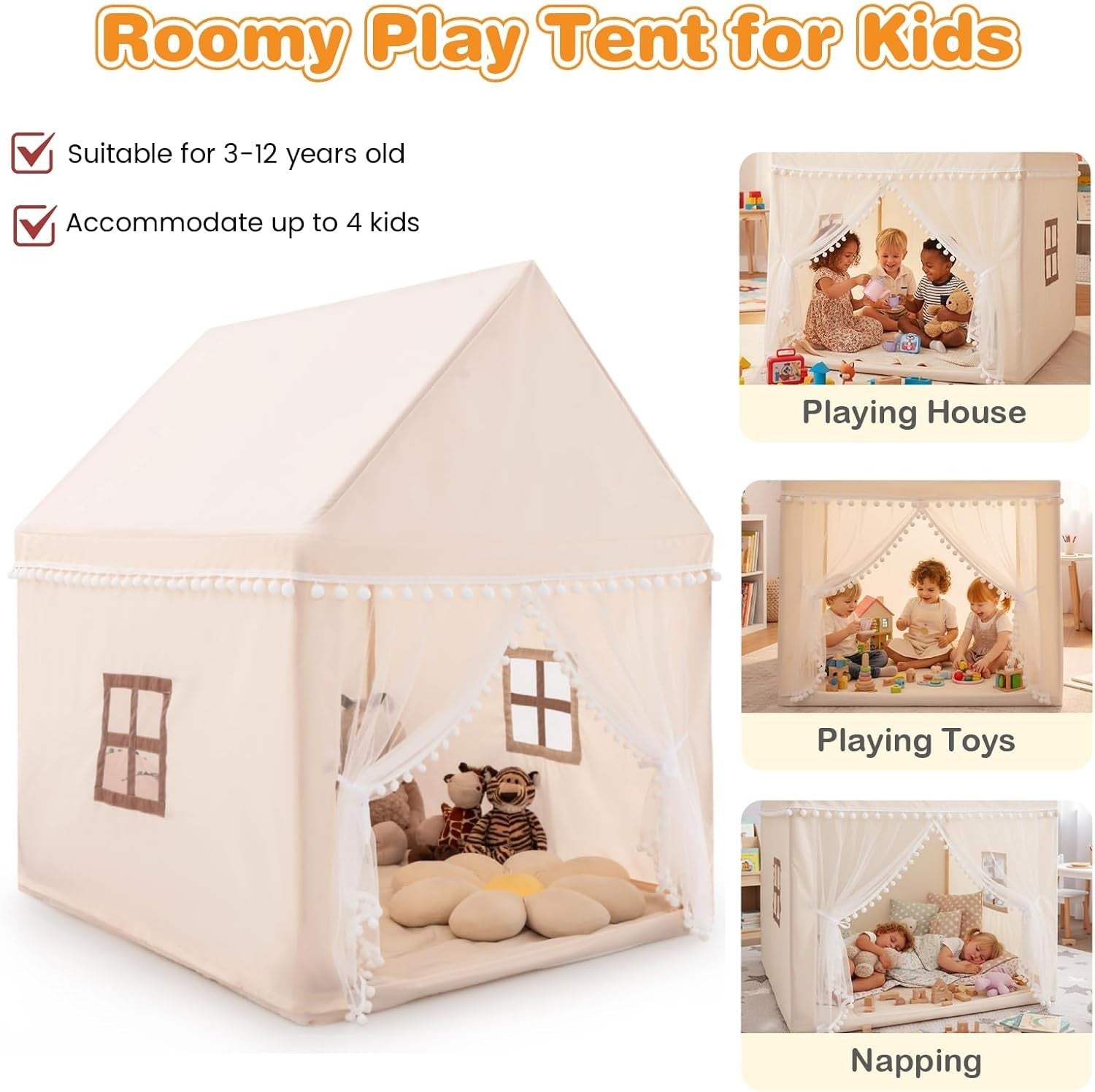 Large Wooden Kids Play Tent Indoor Outdoor Castle w Washable Mat