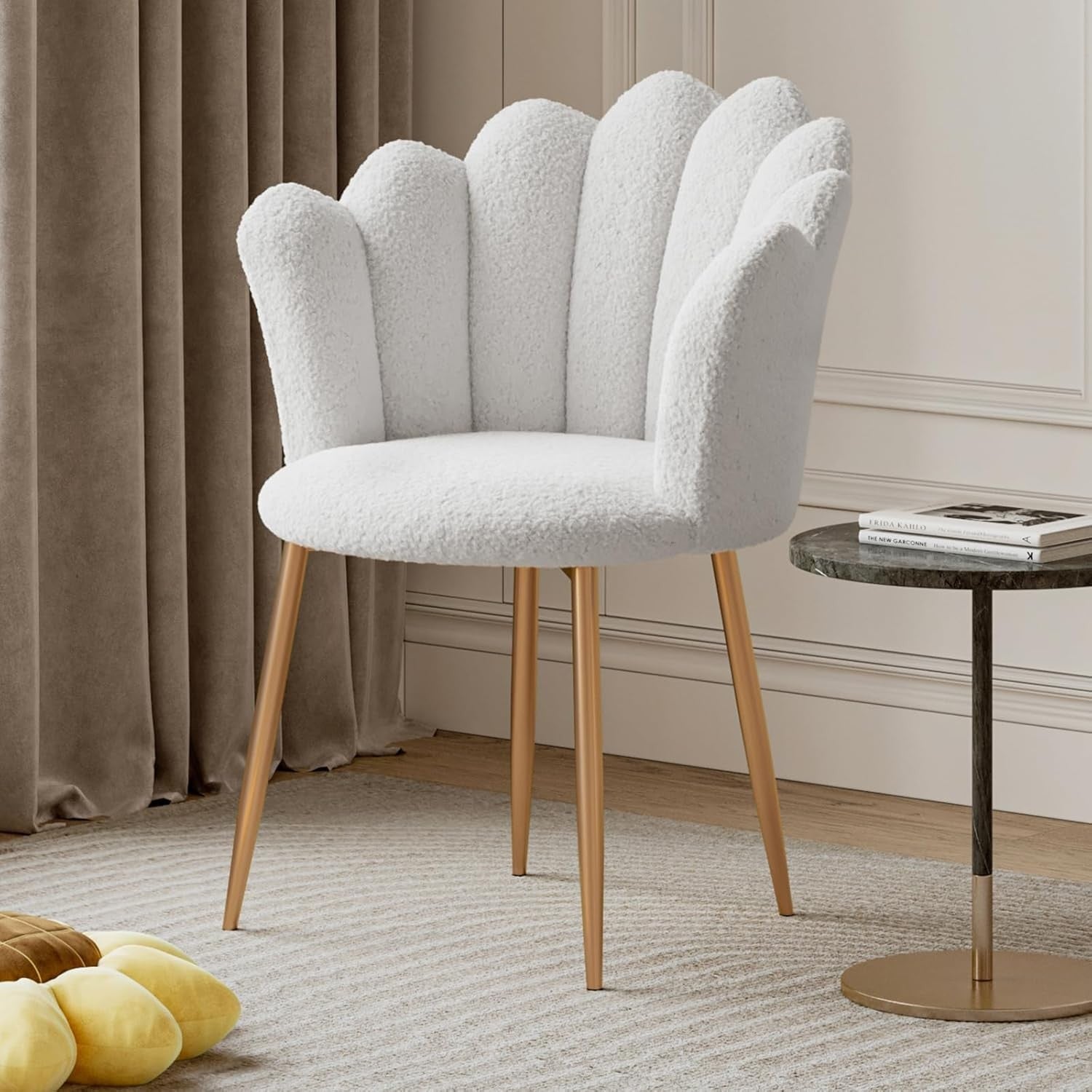 Boucle Vanity Chair Shell Back Gold Metal Legs White